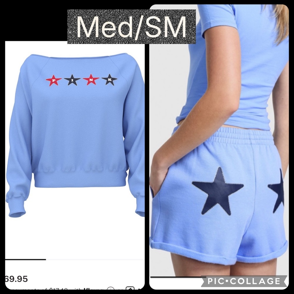 Pink vs off shoulder crew sweatshirt rolled hem shorts seascape blue stars bling